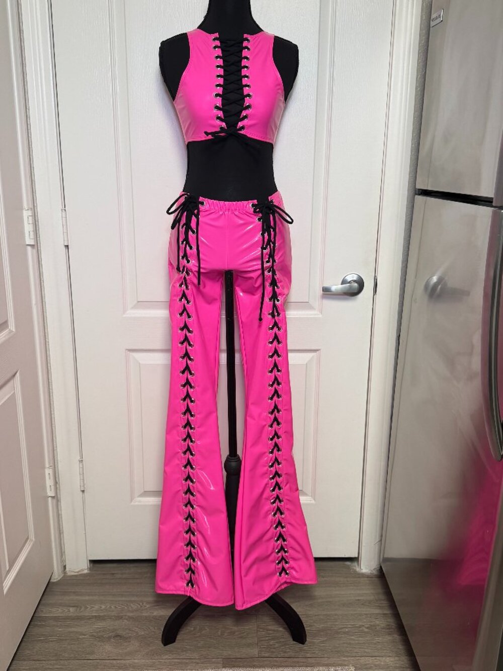 Valentine Y2K Hot Pink Lace Up 2 Piece Set – Made in USA – S/M Top M/L Pants